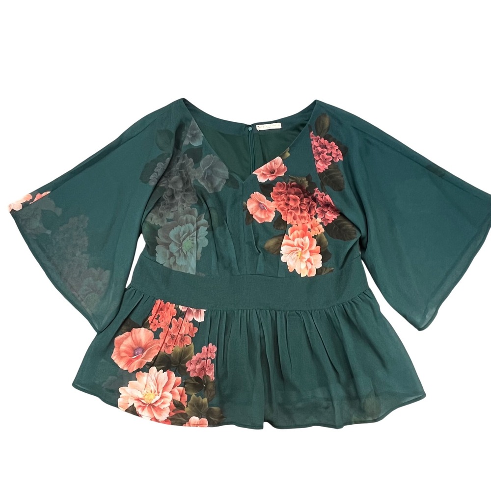 Wayward Fancies eShakti Womens Blouse Green Excellent Floral Peplum Boho XL